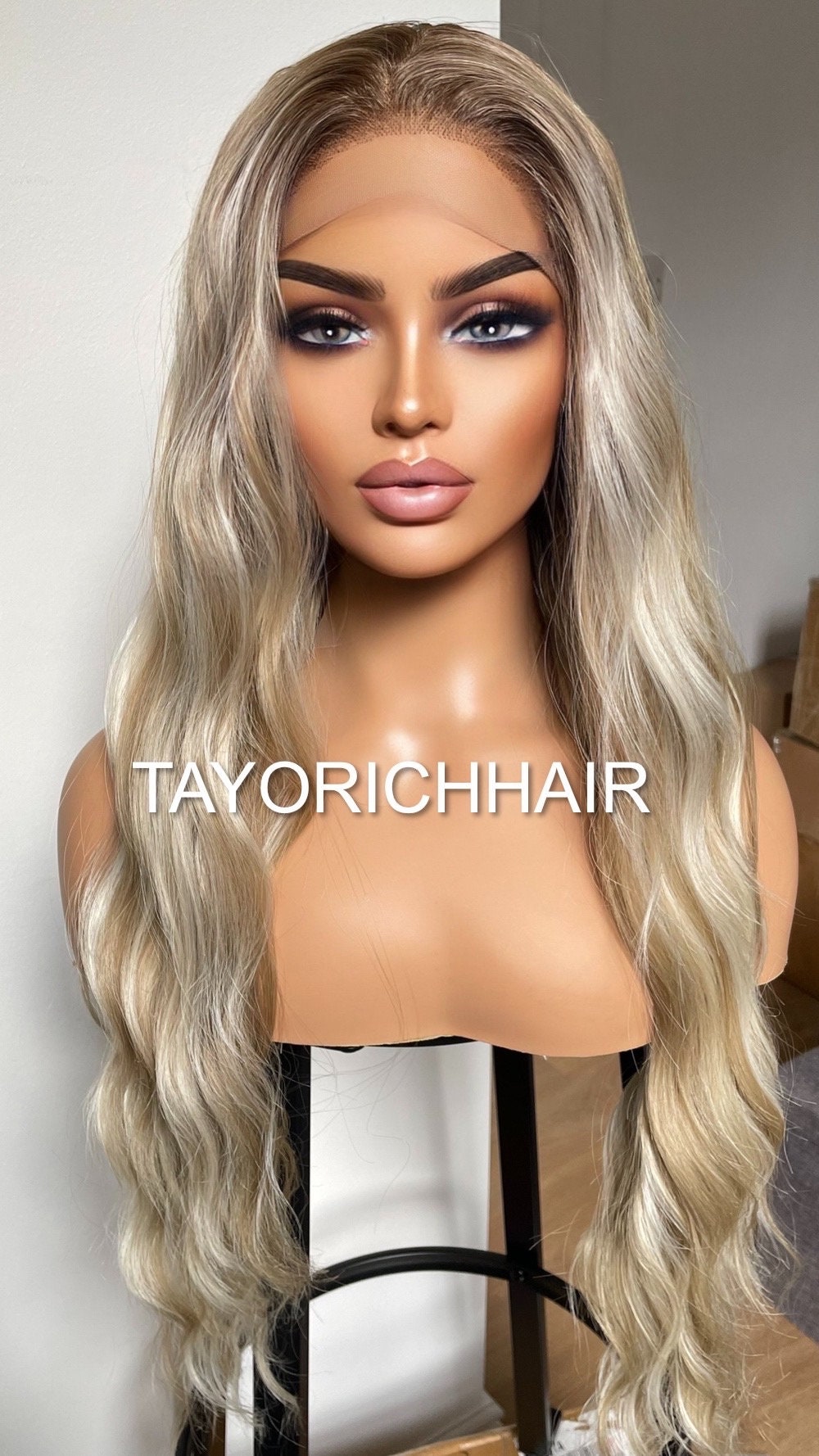 Mixed Ash And Platinum Blonde Synthetic Lace Front Wig/ Dark Roots/ Beach Waves Realistic Hairline Wig/ Natural Looking Wig For Women