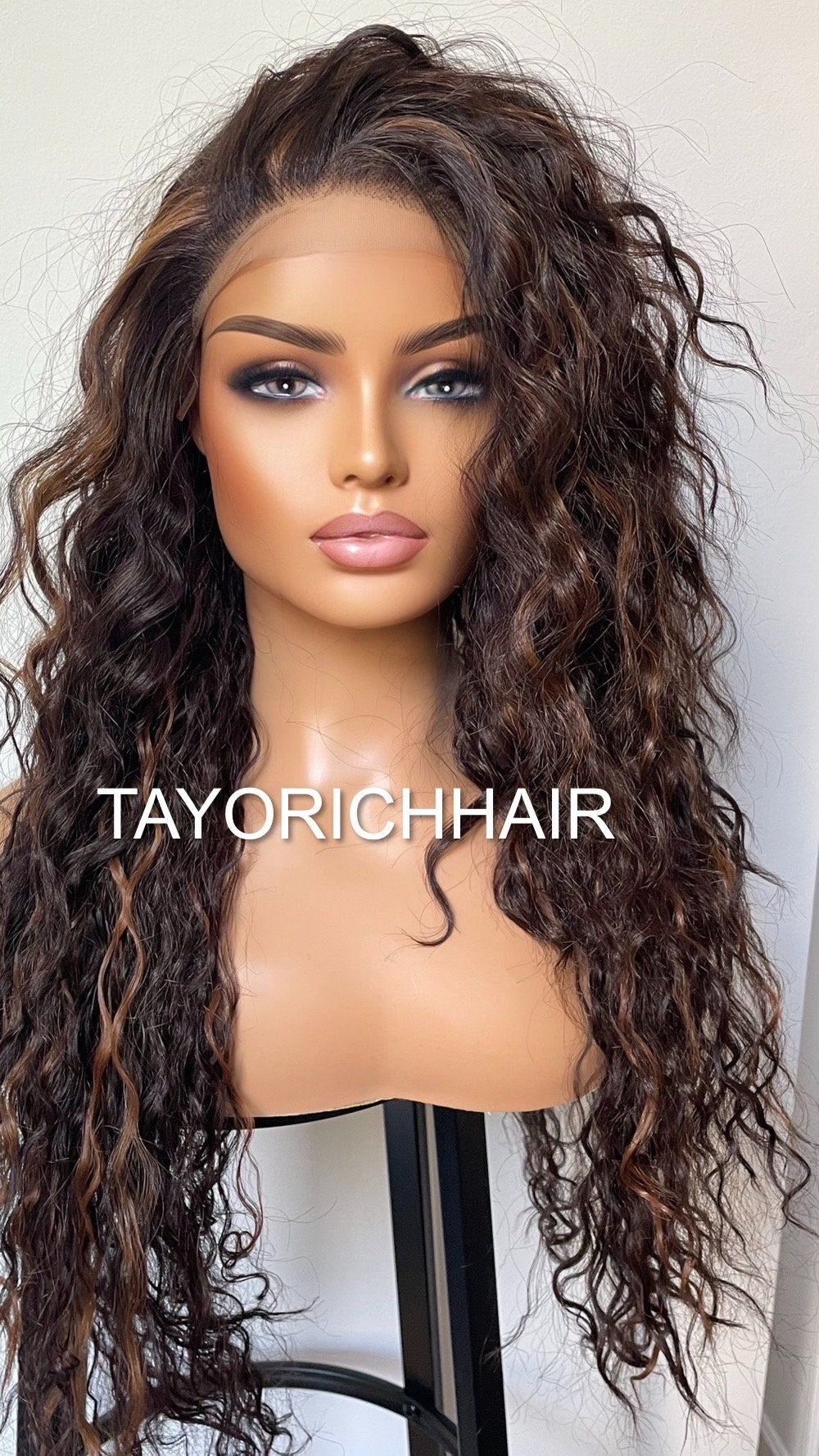 Brunette Dark Brown Curly Synthetic Wig With Highlights