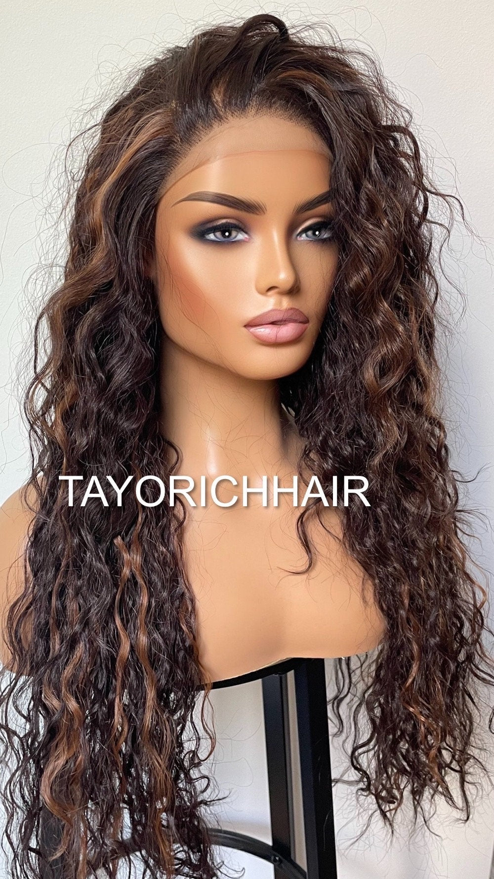 Brunette Dark Brown Curly Synthetic Wig With Highlights