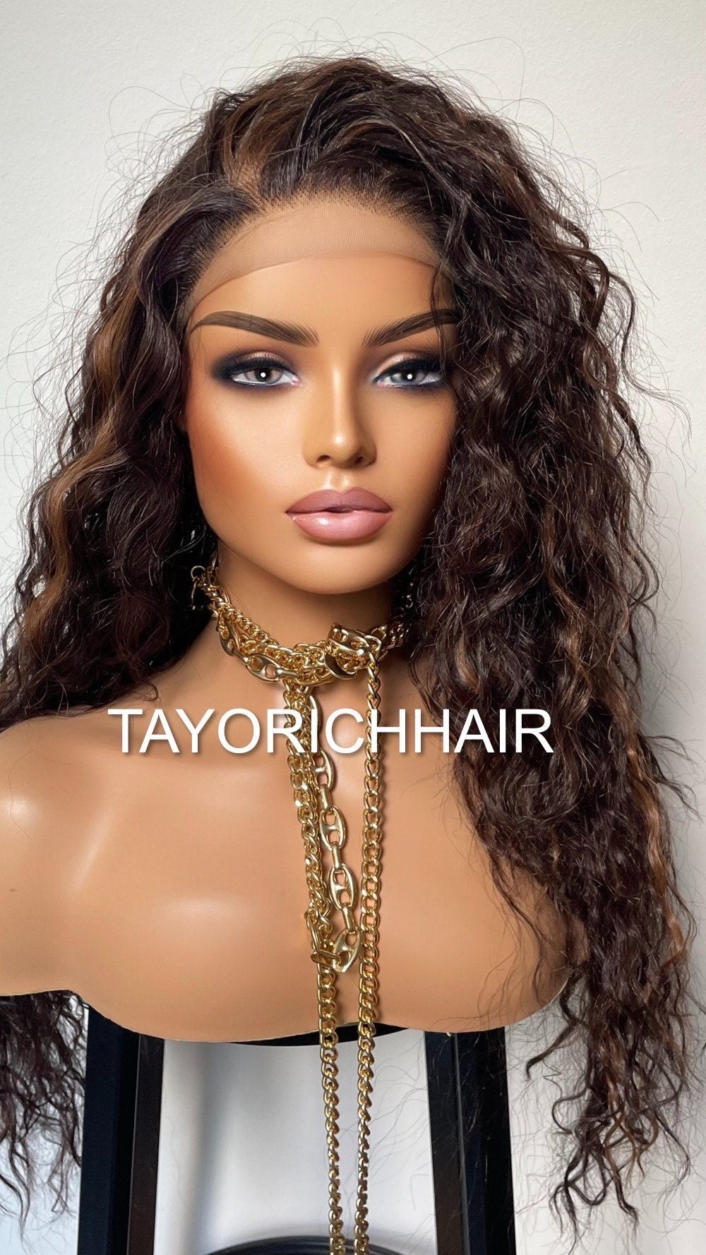 Brunette Dark Brown Curly Synthetic Wig With Highlights