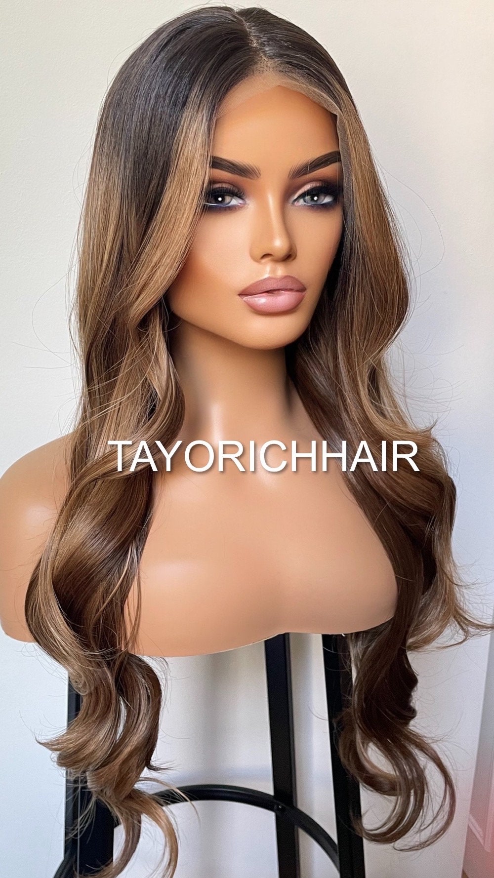 Heat Safe Synthetic Lace Front Wig With Black Roots and Bronzy Blonde Highlights/ 24 Inches Bouncy Wavy Wig For Women/ Realistic Lace Wig