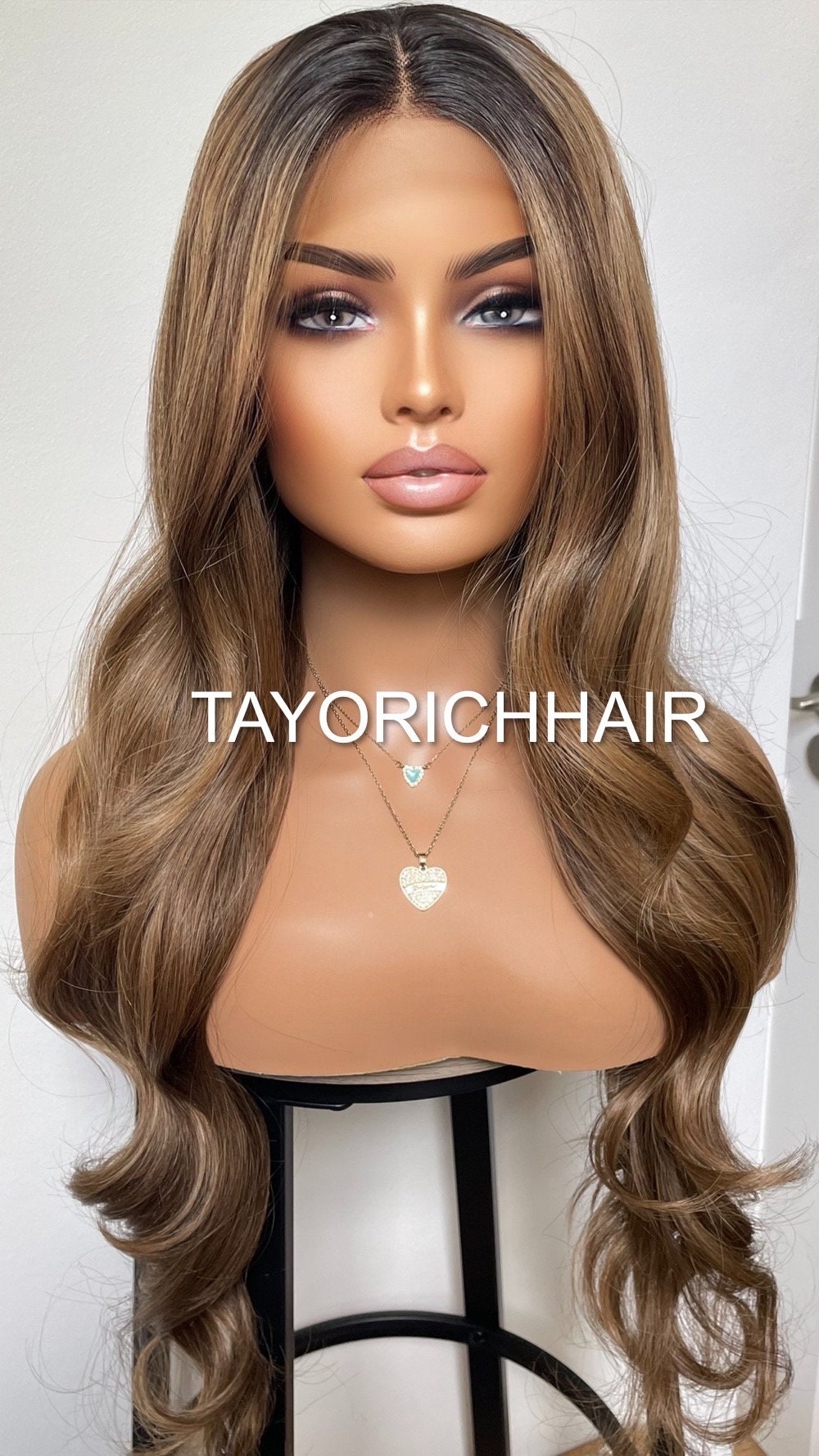 Balayage Mixed Bronzy Blonde Heat Safe Lace Front Synthetic Wig/ Dark Roots/ Long Bouncy Wavy Hair/ Average Cap Size/ Wigs For Women Hair