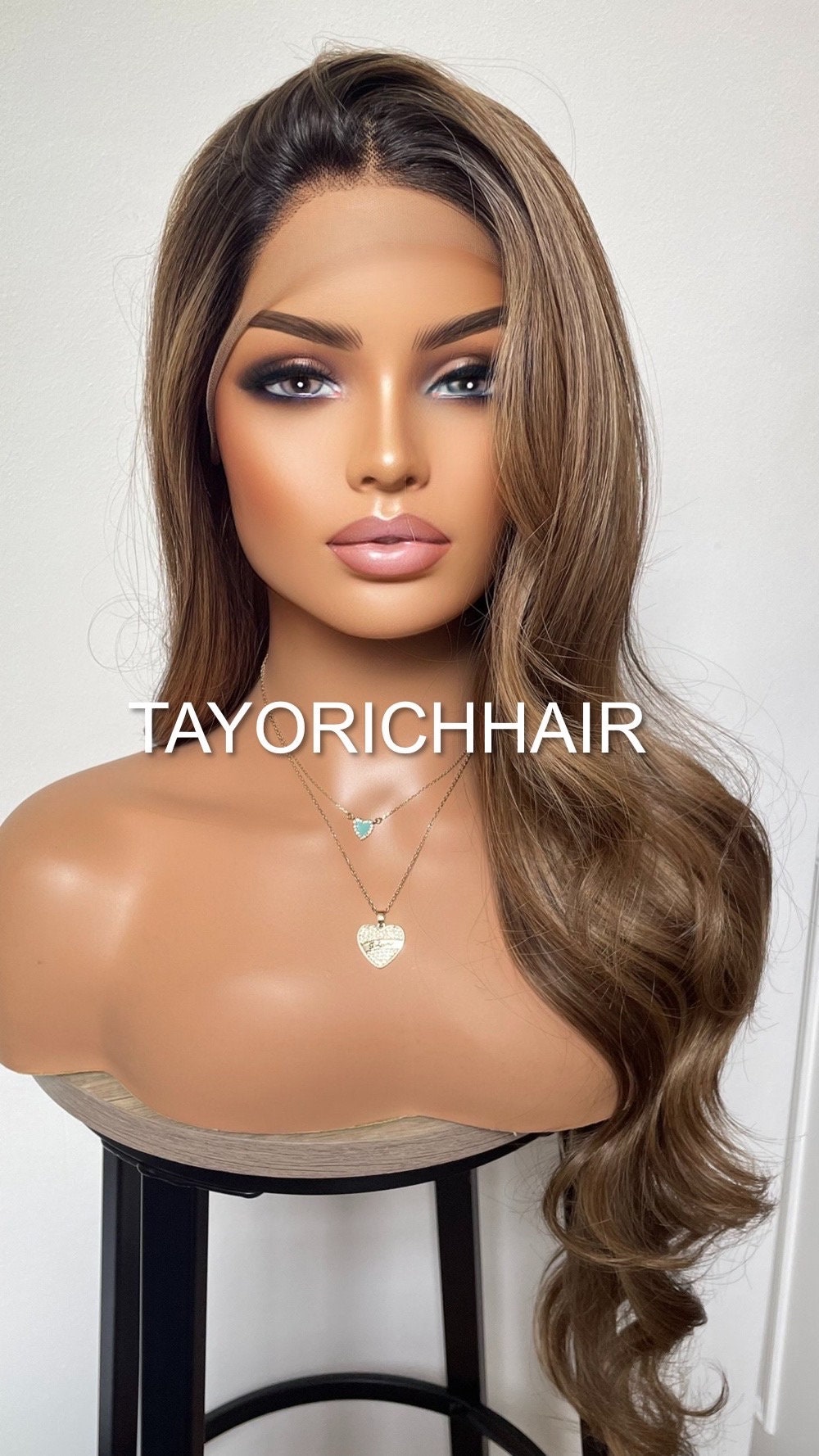 Balayage Mixed Bronzy Blonde Heat Safe Lace Front Synthetic Wig/ Dark Roots/ Long Bouncy Wavy Hair/ Average Cap Size/ Wigs For Women Hair