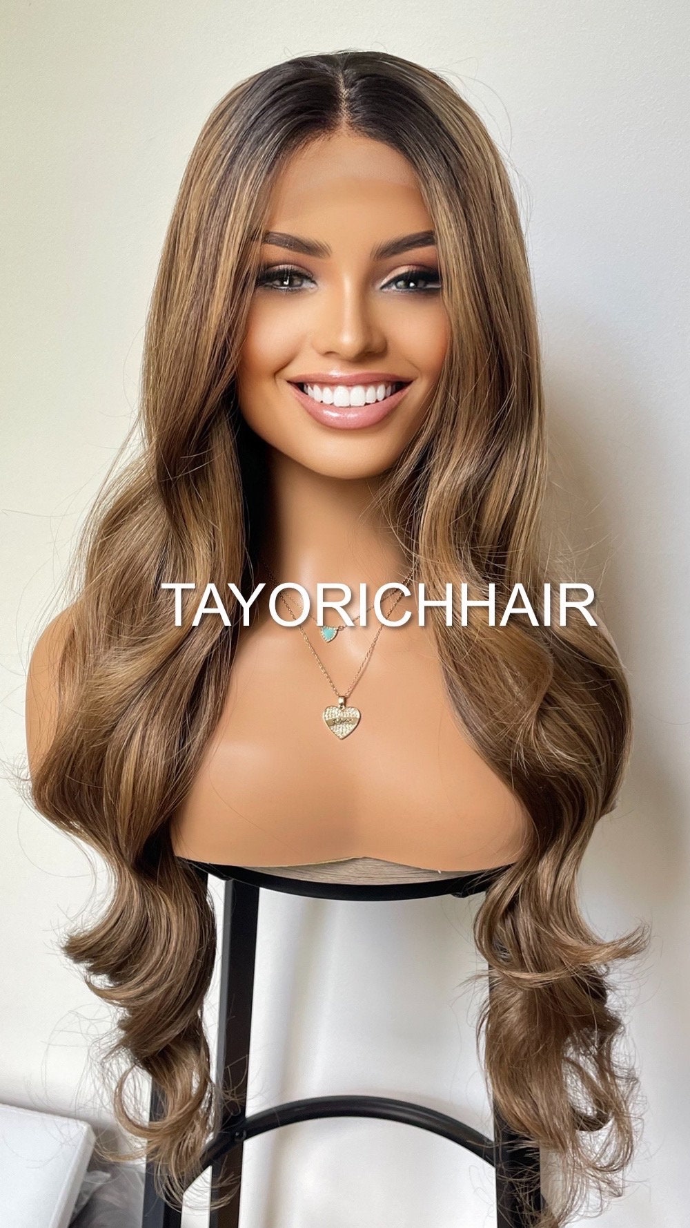 Balayage Mixed Bronzy Blonde Heat Safe Lace Front Synthetic Wig/ Dark Roots/ Long Bouncy Wavy Hair/ Average Cap Size/ Wigs For Women Hair