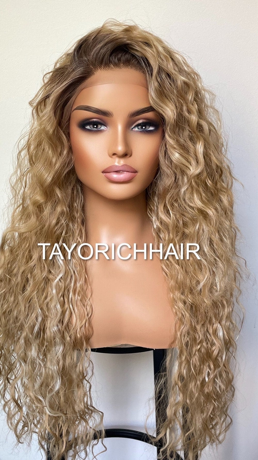 Curly Blonde Lace Front Wig With Streaks And Dark Roots/Light Weight Wig For Daily Wear/ Big Blonde Full Curly Synthetic Lace Wig/ Small Cap