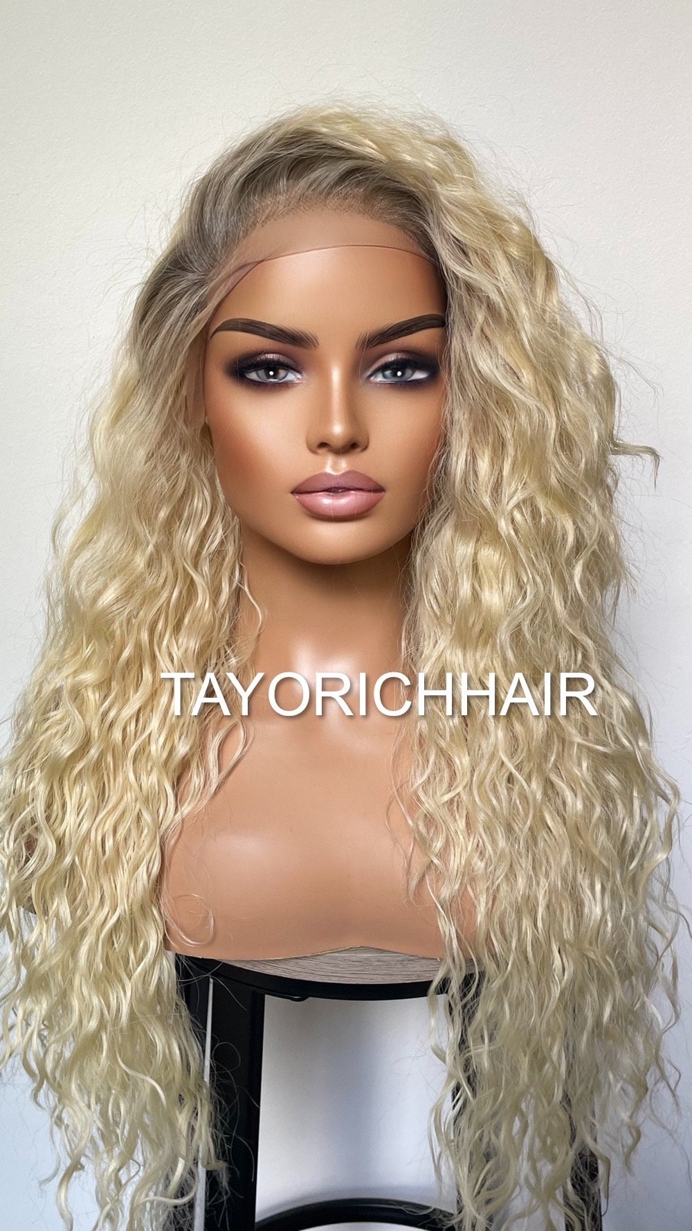 Blonde Wig With Dark Ash Roots/ Exotic Curls Lace Wig/Small Cap Size/Golden Platinum Blonde Curly Wig With Roots/ Light Weight 20 Inches Wig