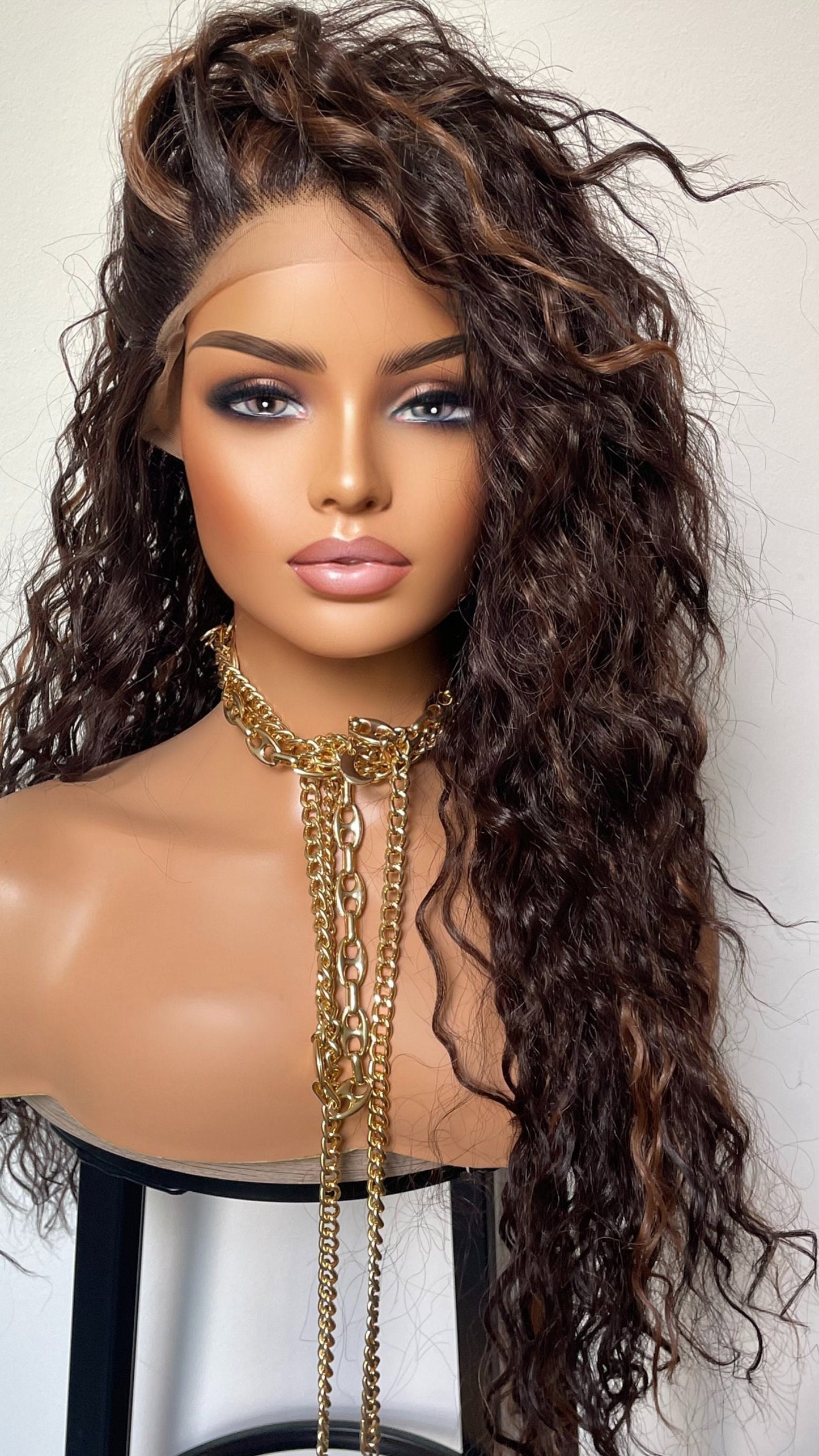Brunette Dark Brown Curly Synthetic Wig With Highlights