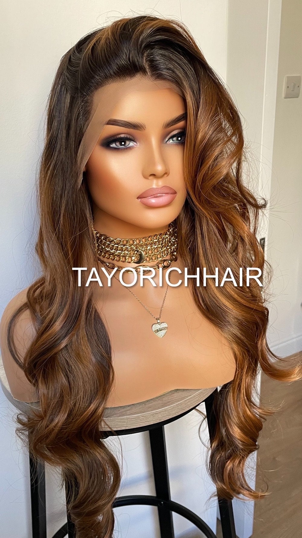 Golden Caramel Blonde Highlights Wig With Black Roots/ Soft Bouncy Wavy Lush Synthetic Wig With 13x4 Middle Part Ear To Ear Lace Front Wig