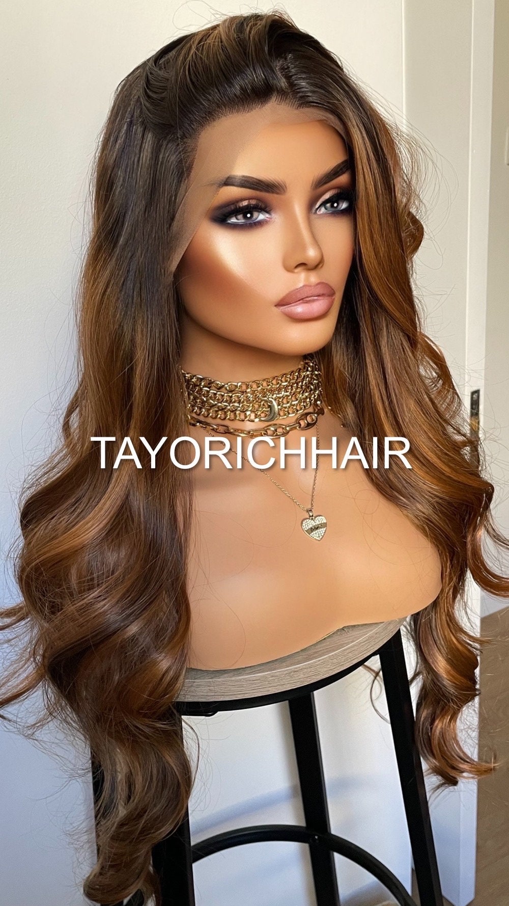 Golden Caramel Blonde Highlights Wig With Black Roots/ Soft Bouncy Wavy Lush Synthetic Wig With 13x4 Middle Part Ear To Ear Lace Front Wig