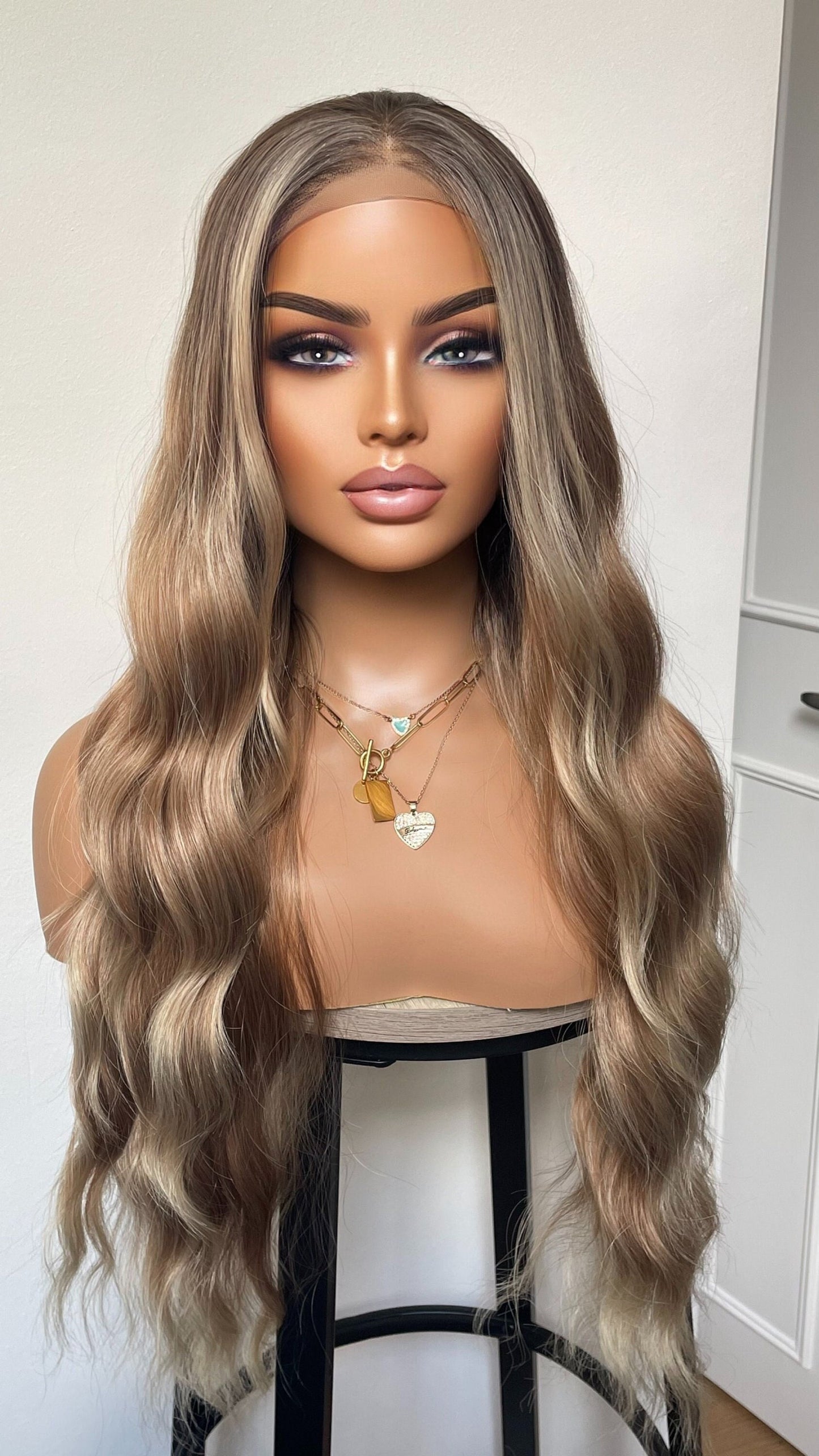 Blonde Brown Long Lace Front Wig With Highlights Balayage Dark Roots Wavy Wig Heat Resistant Women Luxury Wigs Gift For Her Easy Wear Wigs