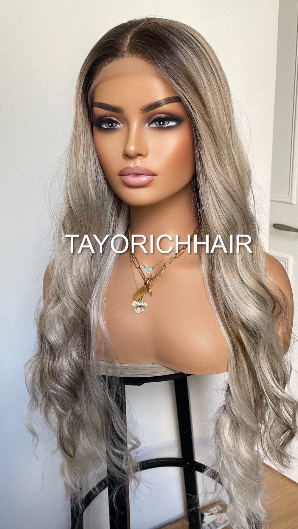 Rooted Platinum Blonde Synthetic Lace Front Wig With Lowlights/ 13x3 Long Wavy Lace Wig For Women/ Synthetic Wigs