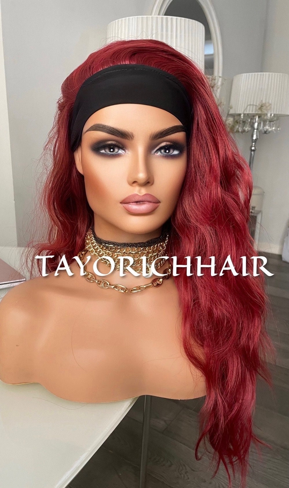 Red Ponytail Wig For Gym Running Workout Dark Red Wig With Head Band/Heat Safe Synthetic Curly Wig For Running And Daily Workout