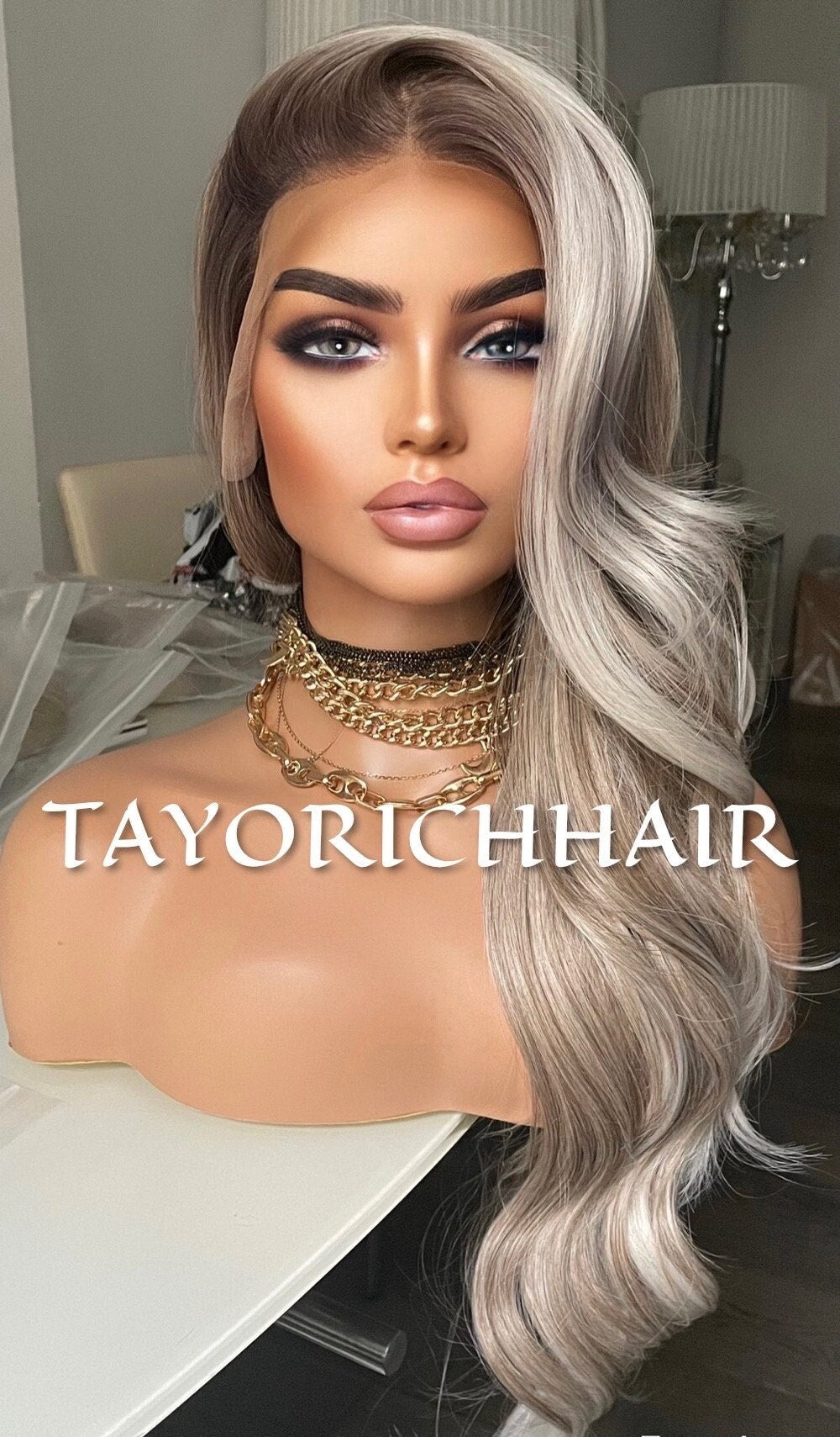Dark Ash Blonde Synthetic Lace Front Wig With Money Piece/ Realistic Heat Resistant Wig/ Natural Looking Wigs For Women/ Tayorichhair Wigs