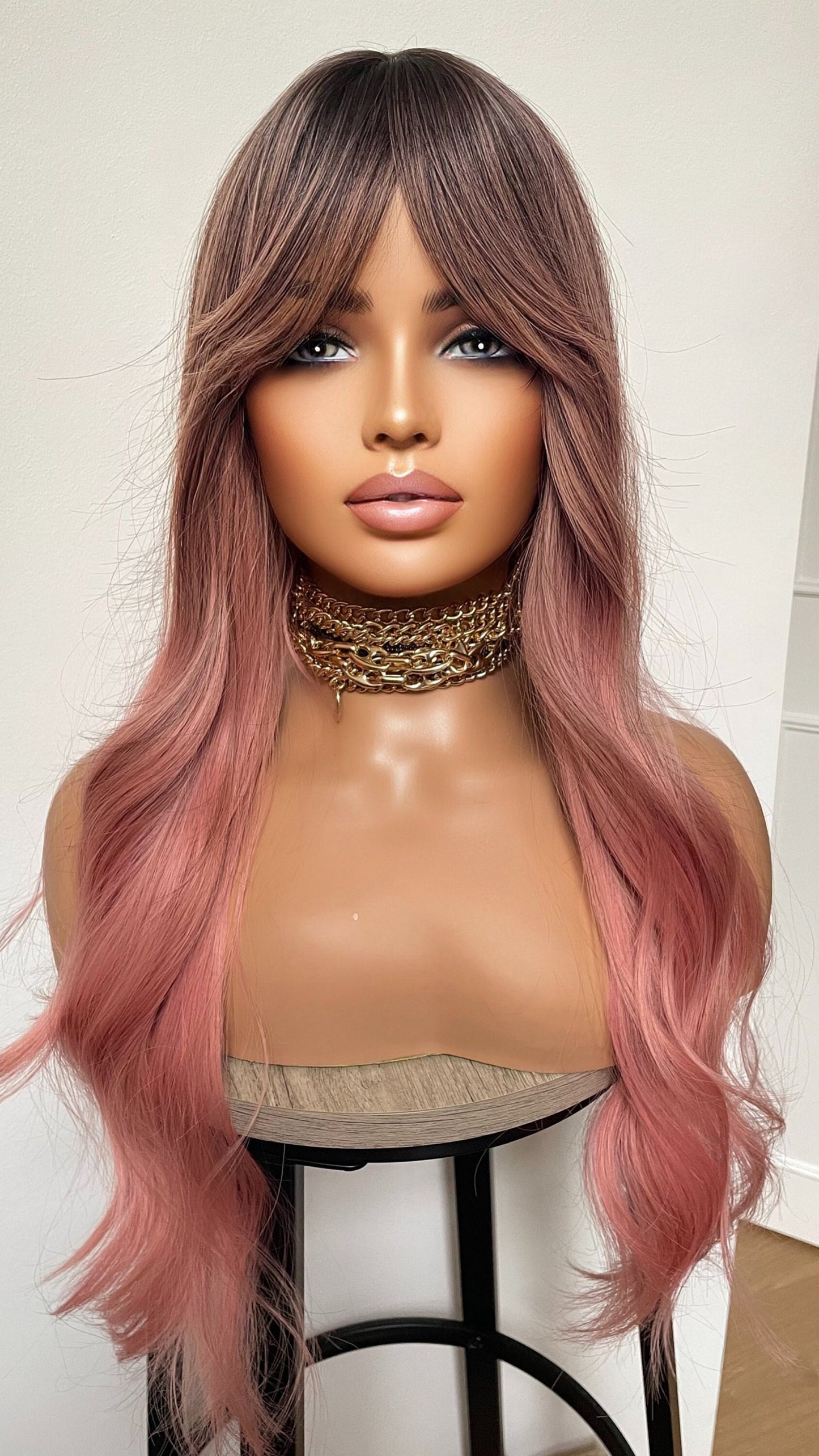 Ombré Pink Wavy Wig With Bangs Fringe Dark Roots/ Glueless Wig/ Beginner Friendly Wig/ Pink Cosplay Wig /TAYORICHHAIR/ Pink Women Wigs