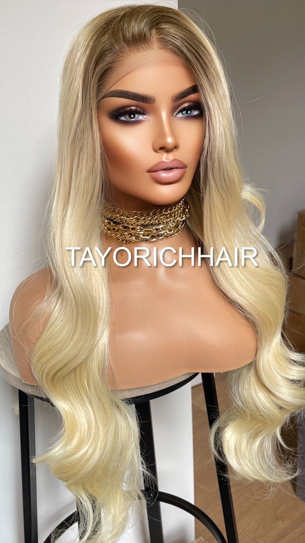 Light Golden Blonde Lace Front Wig With Dark Roots/ 13x3 Lace Front/ Heat Safe Sythetic Lush Wavy Lace Wig For Women/ Gift For Her