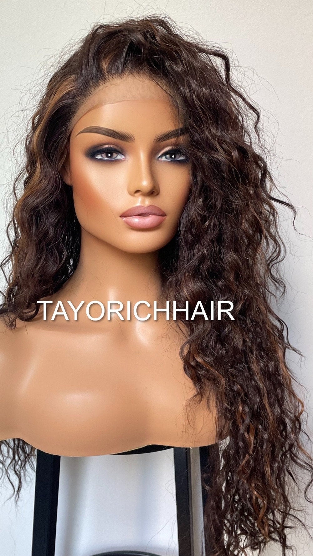 Brunette Dark Brown Curly Synthetic Wig With Highlights