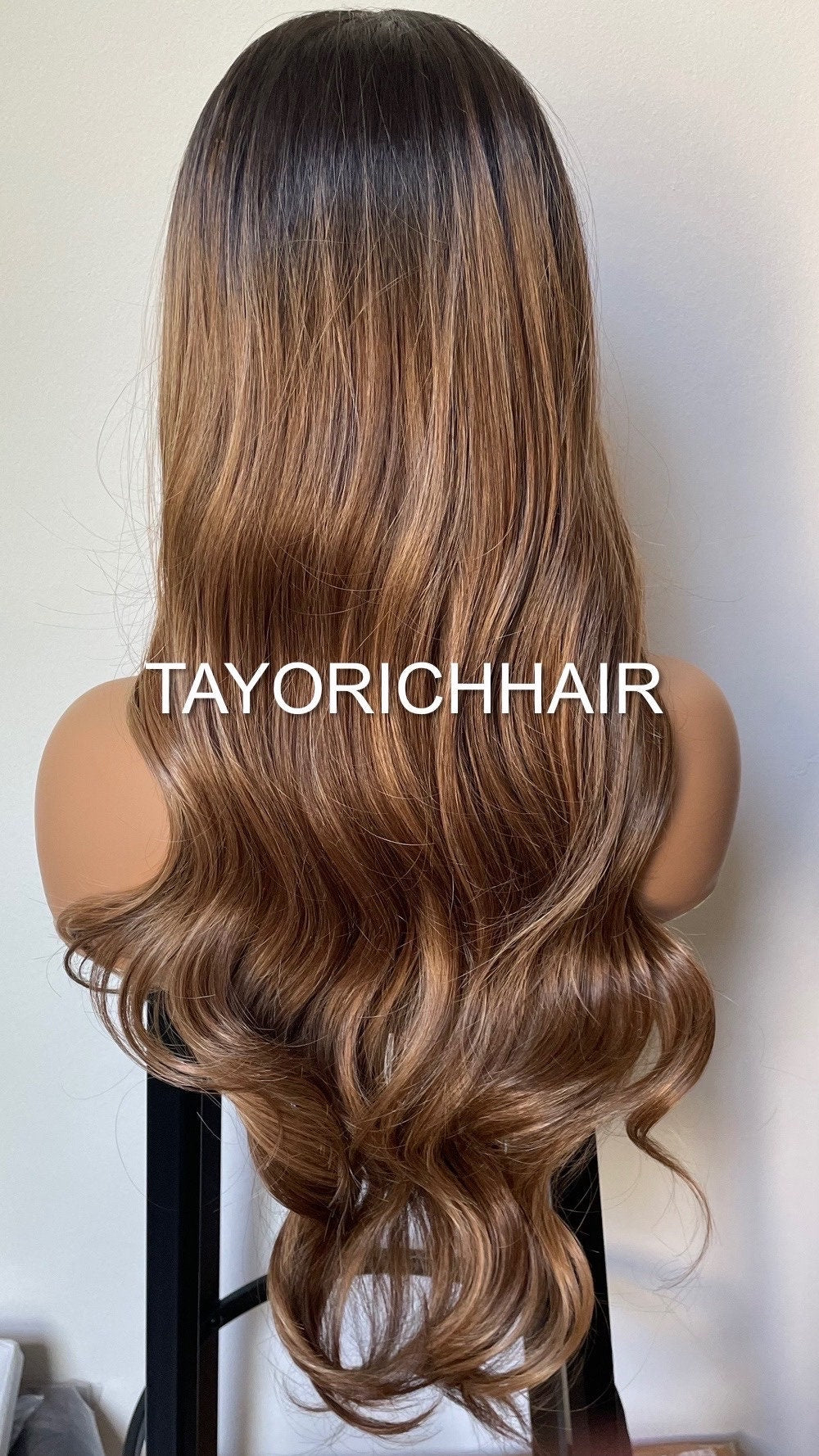 Heat Safe Synthetic Lace Front Wig With Black Roots and Bronzy Blonde Highlights/ 24 Inches Bouncy Wavy Wig For Women/ Realistic Lace Wig