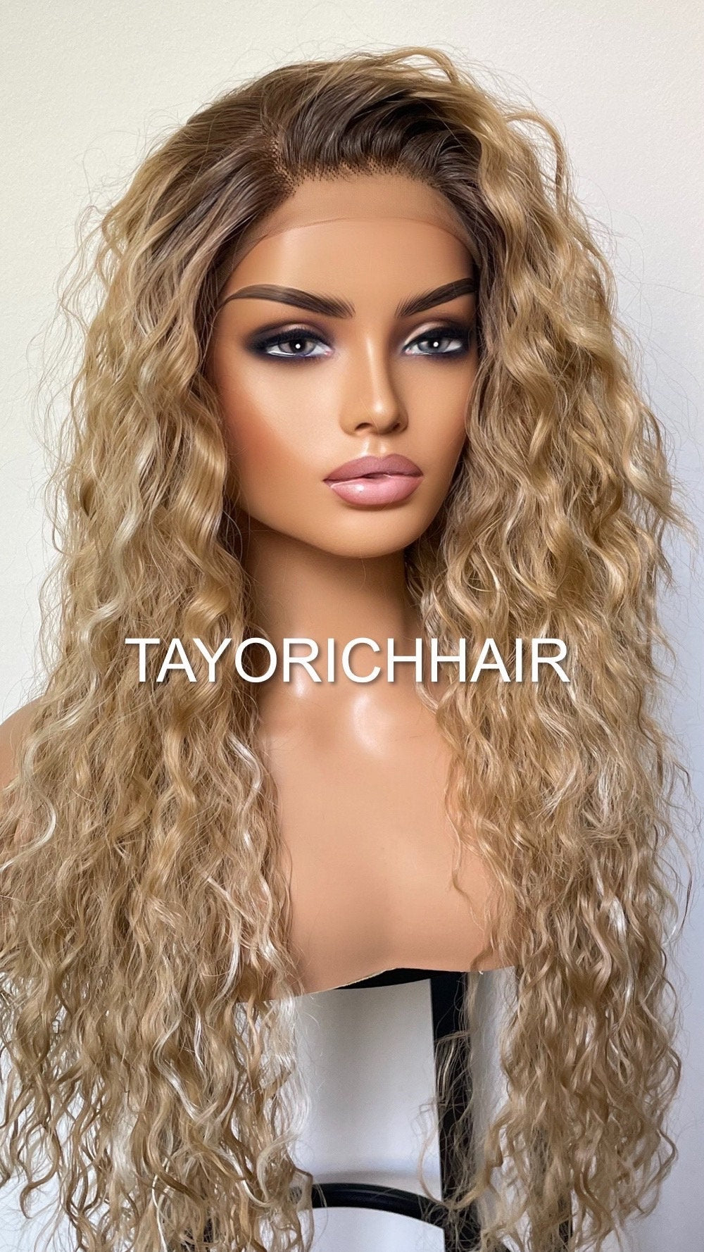 Curly Blonde Lace Front Wig With Streaks And Dark Roots/Light Weight Wig For Daily Wear/ Big Blonde Full Curly Synthetic Lace Wig/ Small Cap