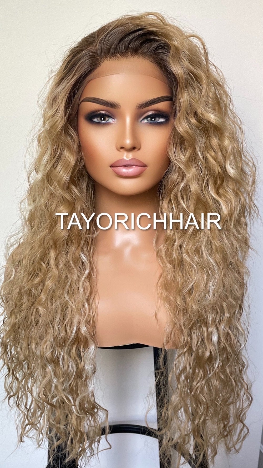 Curly Blonde Lace Front Wig With Streaks And Dark Roots/Light Weight Wig For Daily Wear/ Big Blonde Full Curly Synthetic Lace Wig/ Small Cap