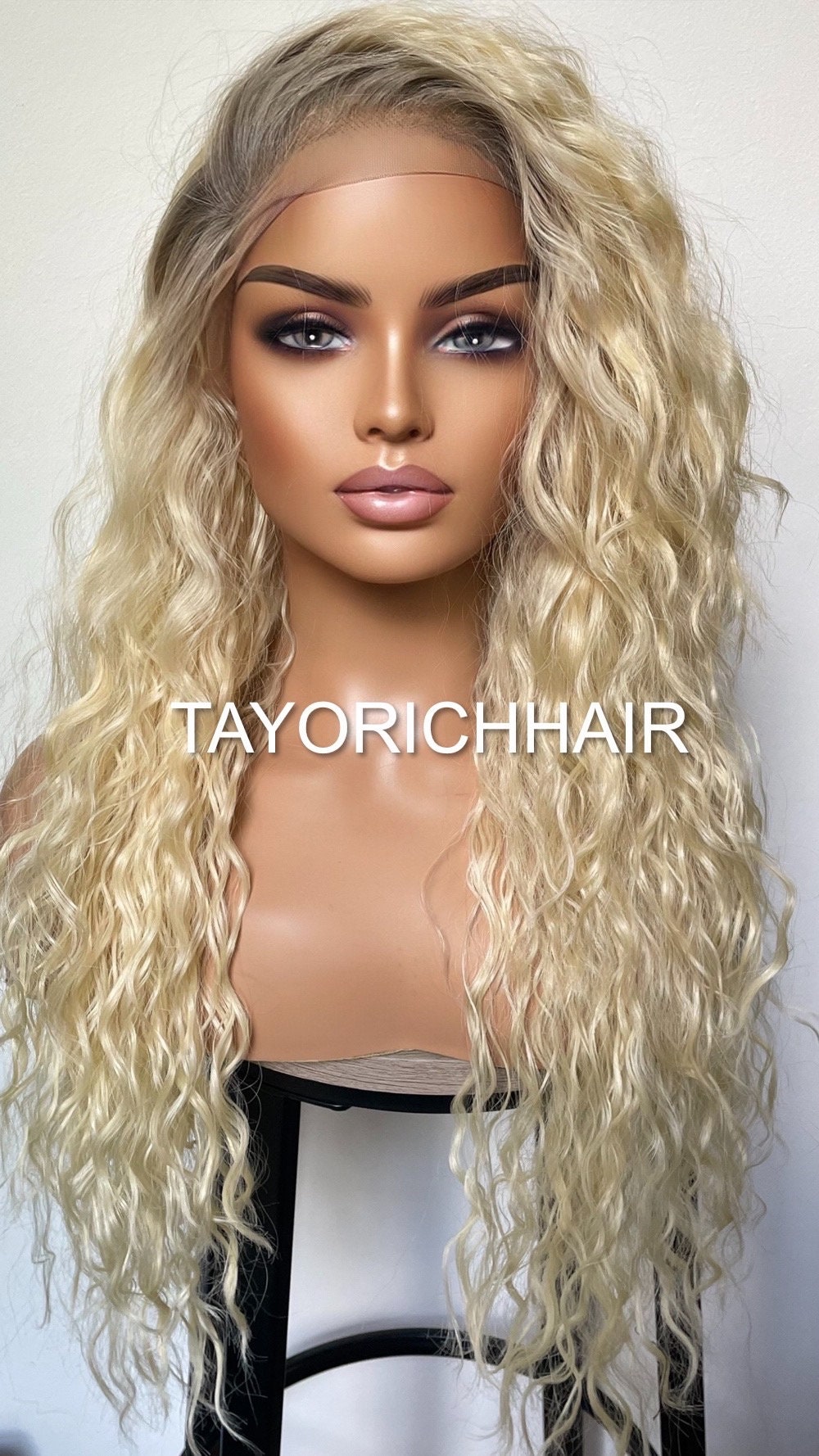 Blonde Wig With Dark Ash Roots/ Exotic Curls Lace Wig/Small Cap Size/Golden Platinum Blonde Curly Wig With Roots/ Light Weight 20 Inches Wig