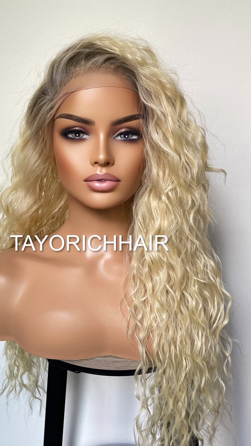 Blonde Wig With Dark Ash Roots/ Exotic Curls Lace Wig/Small Cap Size/Golden Platinum Blonde Curly Wig With Roots/ Light Weight 20 Inches Wig