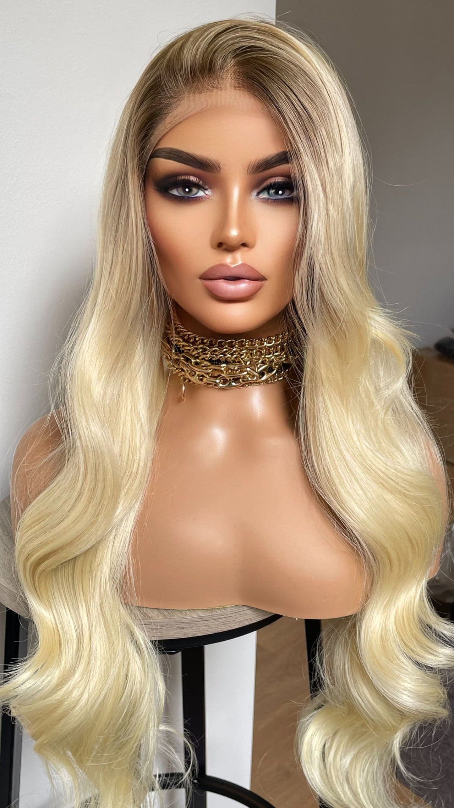 Light Golden Blonde Lace Front Wig With Dark Roots/ 13x3 Lace Front/ Heat Safe Sythetic Lush Wavy Lace Wig For Women/ Gift For Her