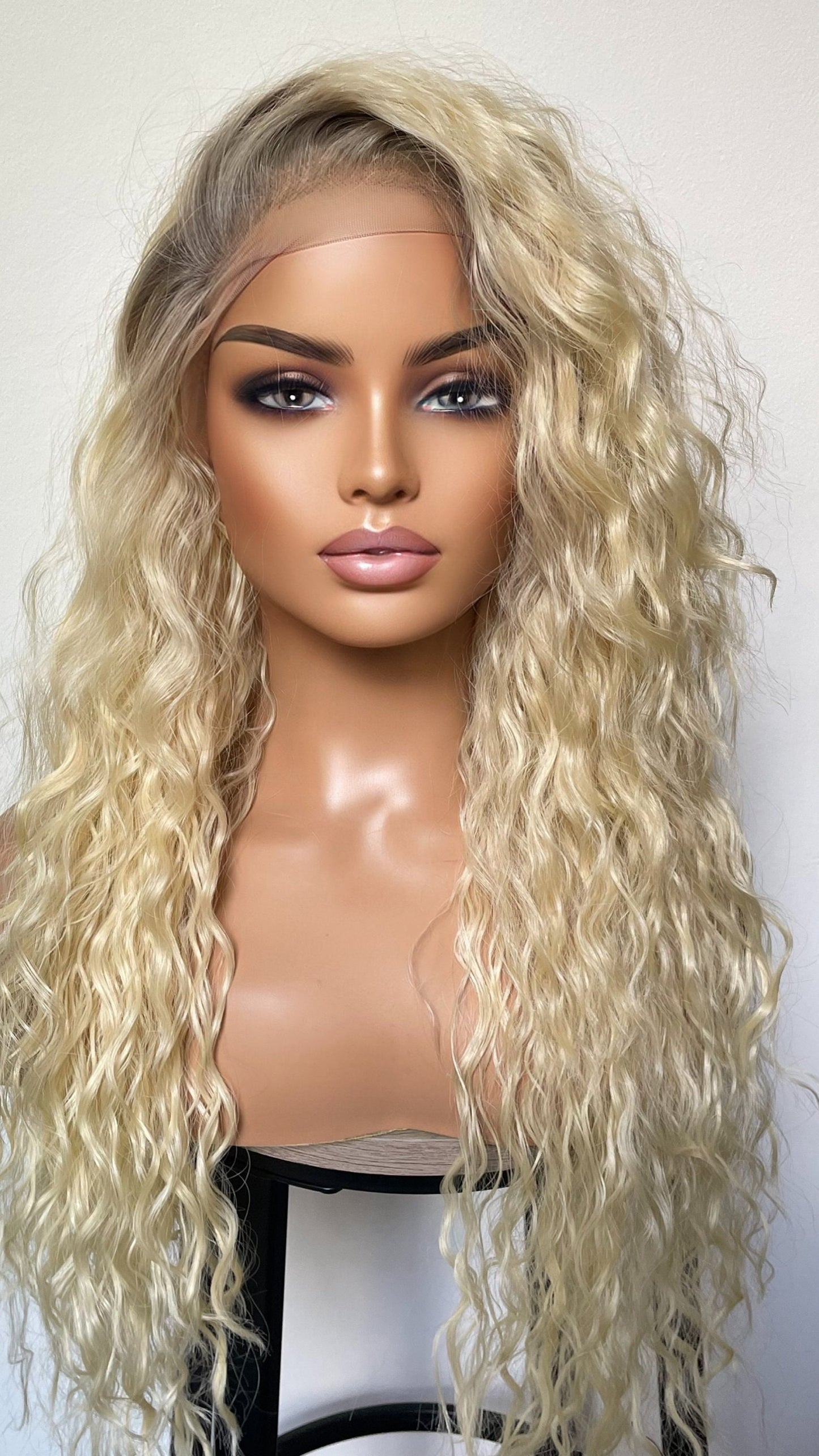 Blonde Wig With Dark Ash Roots/ Exotic Curls Lace Wig/Small Cap Size/Golden Platinum Blonde Curly Wig With Roots/ Light Weight 20 Inches Wig