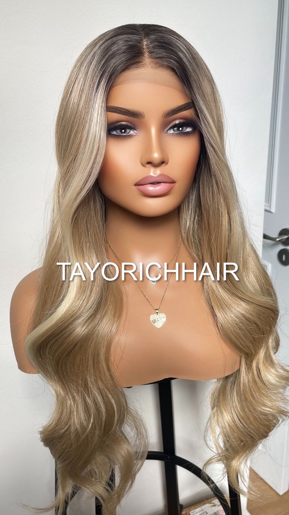 Warm Blonde Lace Wig With Money Piece/ Dark Roots ,Bouncy Waves, Heat Safe Synthetic Wigs, Hairloss Solution, Beginner Friendly Women Wigs
