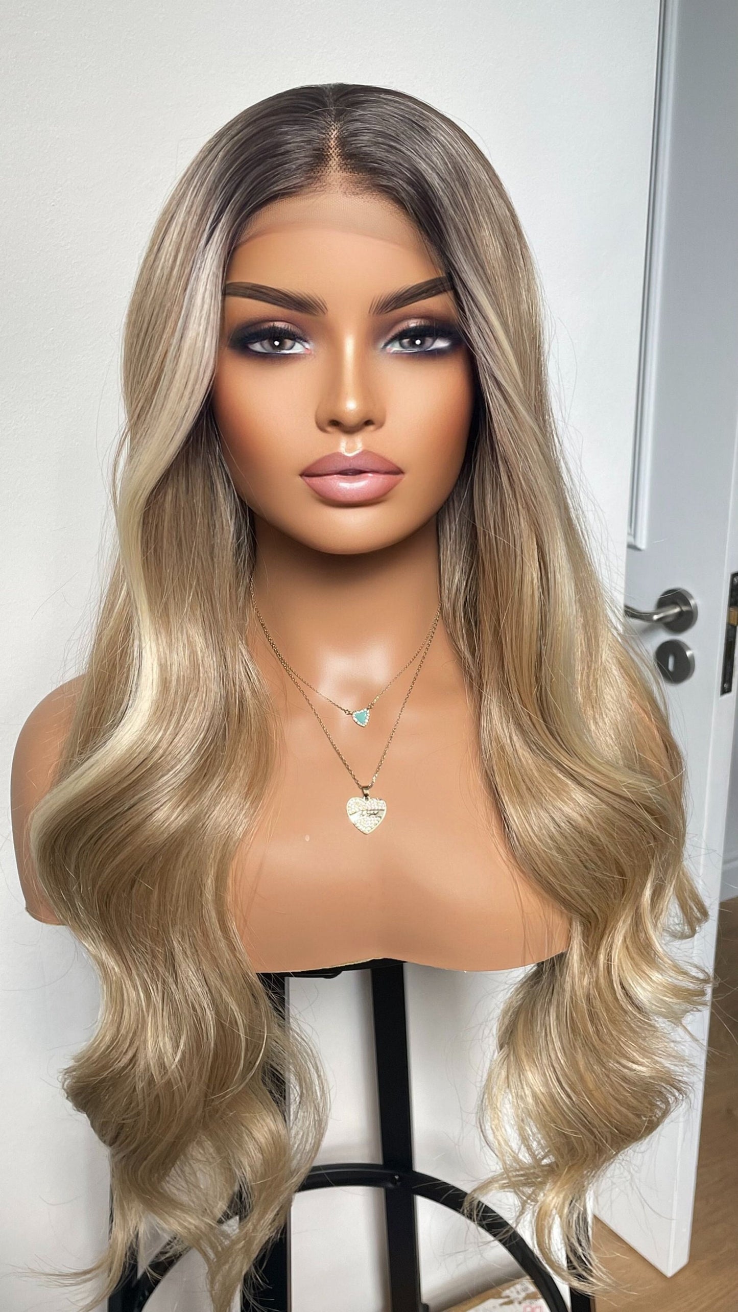 Warm Blonde Lace Wig With Money Piece/ Dark Roots ,Bouncy Waves, Heat Safe Synthetic Wigs, Hairloss Solution, Beginner Friendly Women Wigs