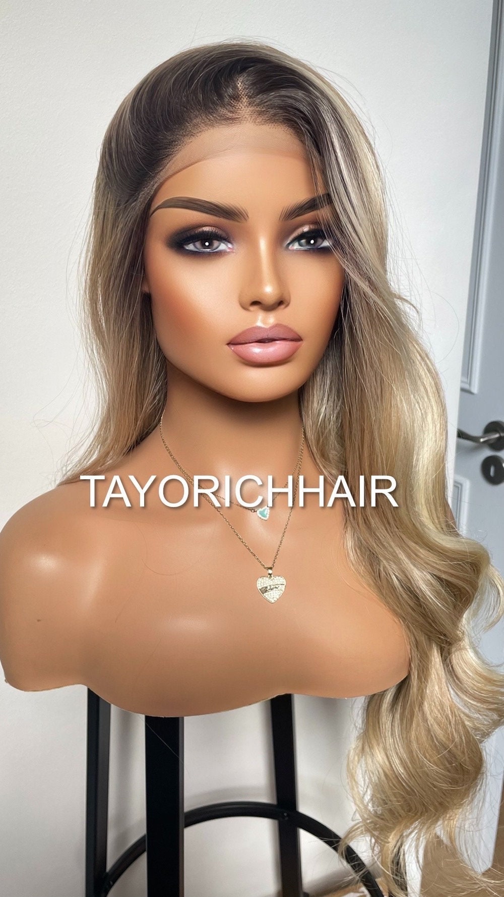 Warm Blonde Lace Wig With Money Piece/ Dark Roots ,Bouncy Waves, Heat Safe Synthetic Wigs, Hairloss Solution, Beginner Friendly Women Wigs