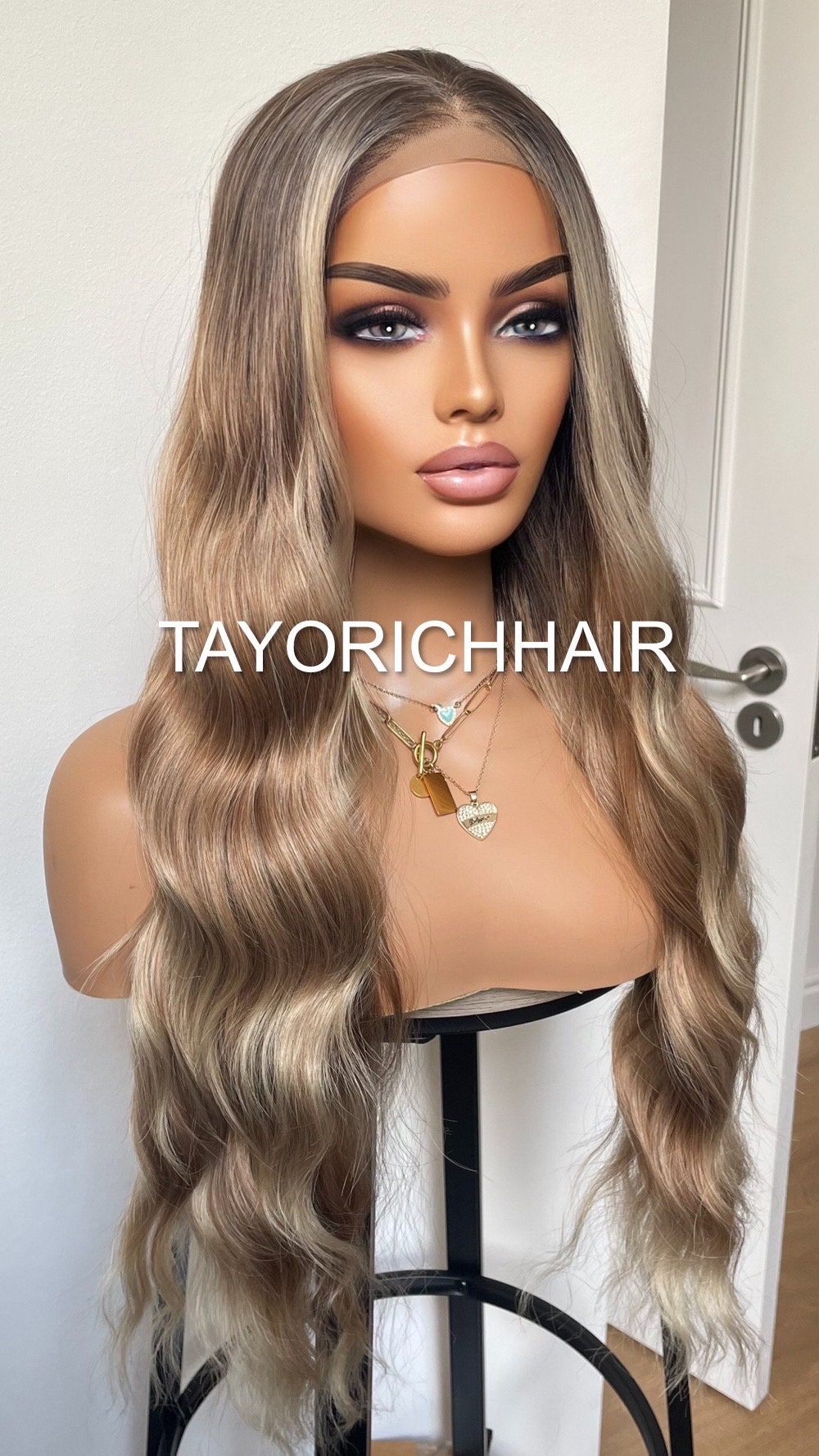 Blonde Brown Long Lace Front Wig With Highlights Balayage Dark Roots Wavy Wig Heat Resistant Women Luxury Wigs Gift For Her Easy Wear Wigs