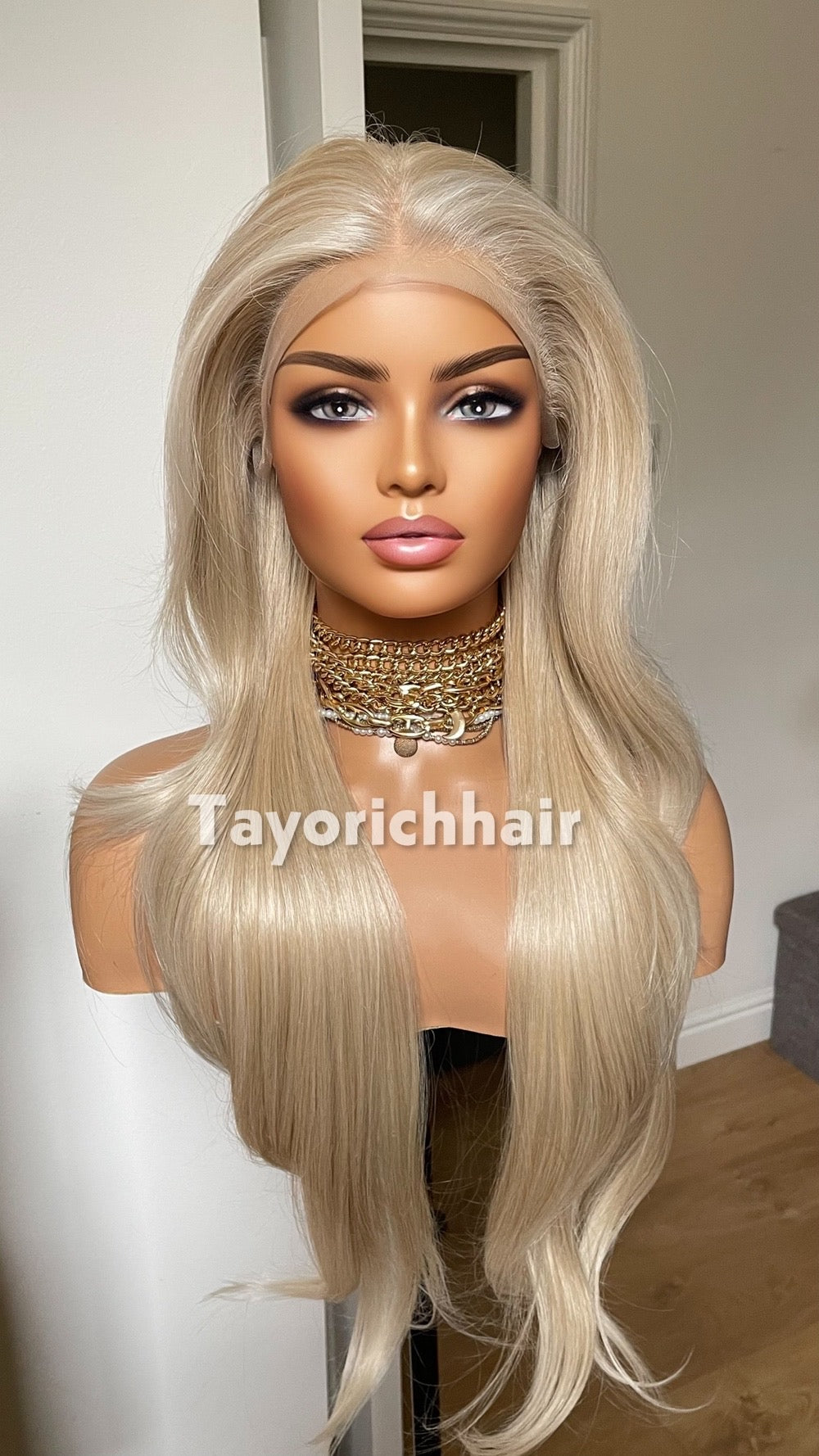 Light Honey Blonde Wig With Highlights; Curtain Bangs, Lace Front Synthetic Wig