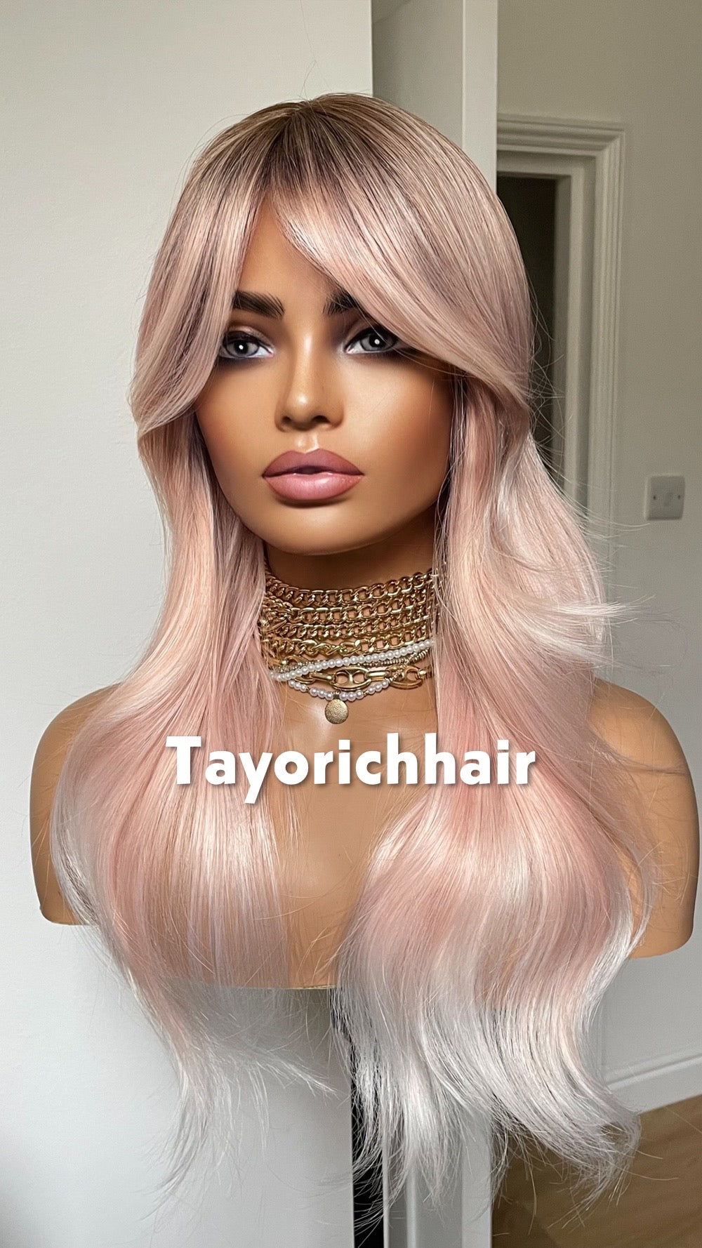 Baby Pink Wig with Dark Roots & Blonde Highlights | 18” Layered Wavy Heat-Safe Synthetic Wig | Bangs | Glueless | Tayorichhair