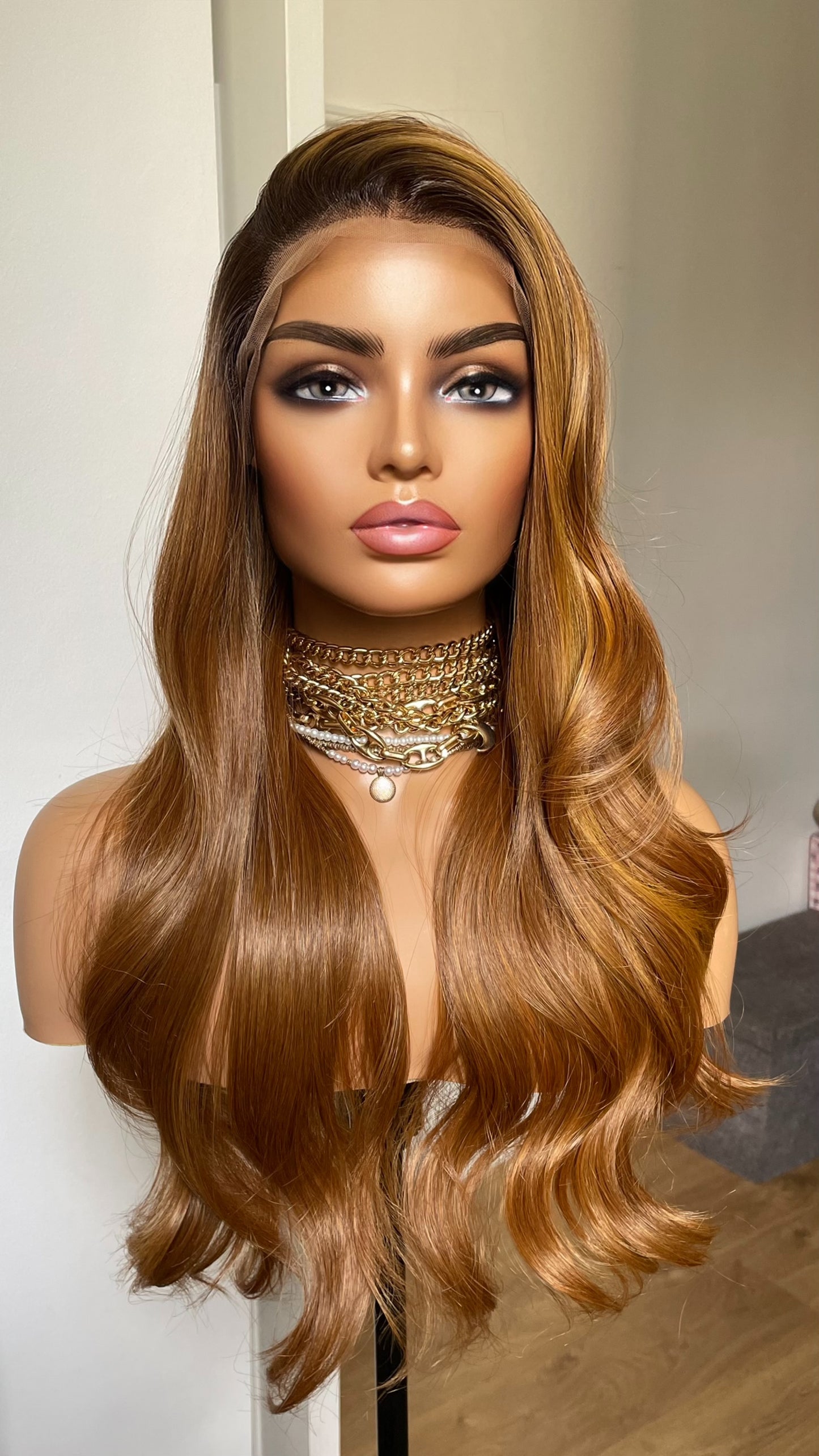 Ginger Synthetic Lace Front Wig With Highlights; Dark Roots, Wavy Hair