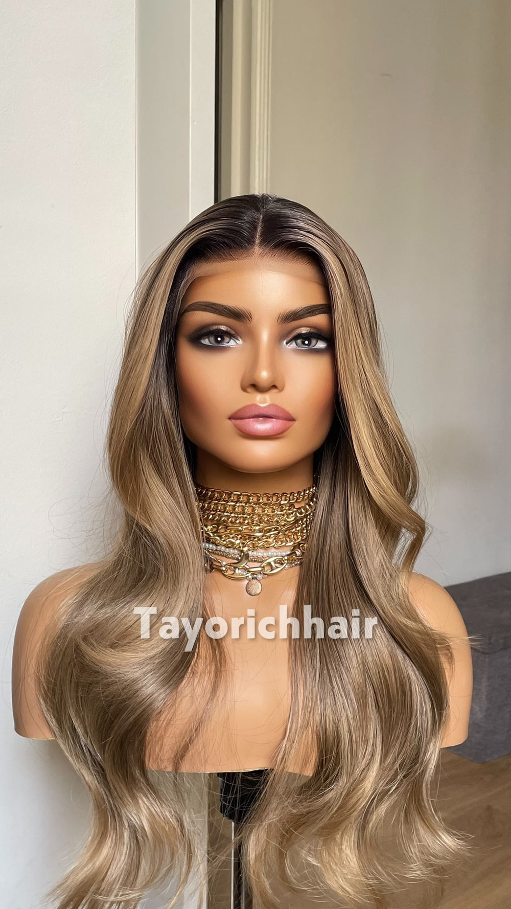Dark Ash Brown Wig with Blonde Highlights & Black Roots | 20” Wavy