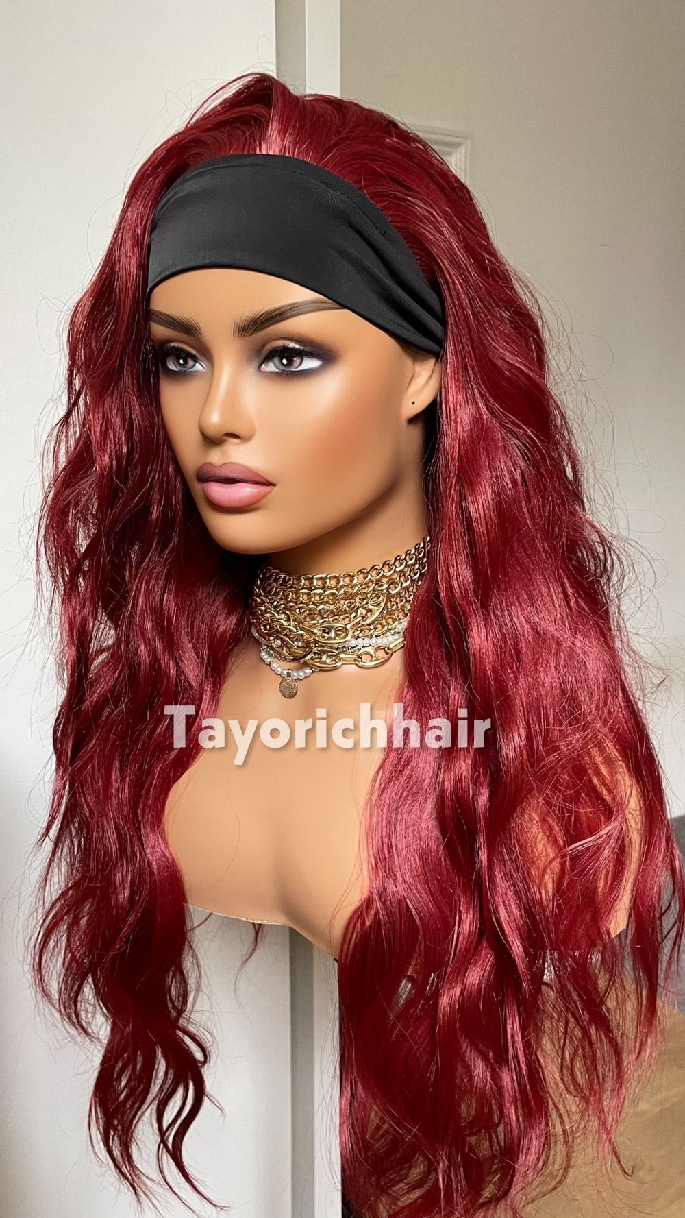 Deep Red Ponytail Wig: Heat-Friendly Synthetic Hair, 22-Inch Layered Waves