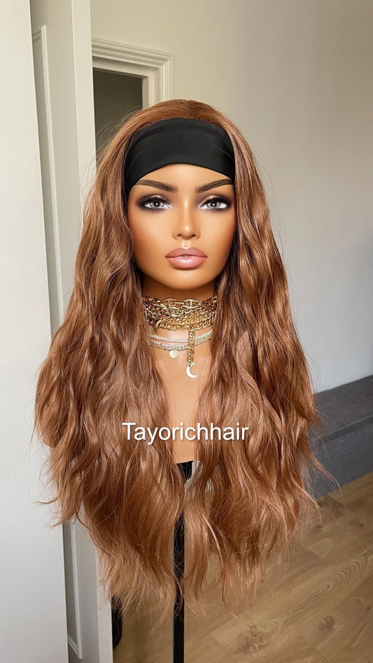 Auburn Ponytail Headbang Synthetic Wig/ No Lace Wig/ Auburn Brown Updo Heat Safe Synthetic Wig For Women/ Auburn Wavy Hair Wig