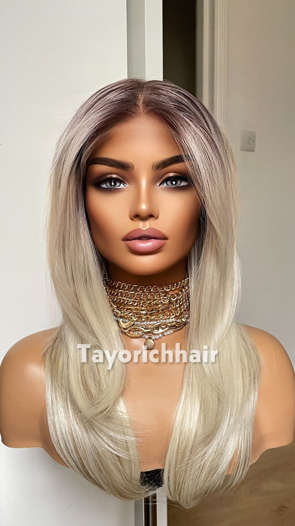 Blonde 16” Feathered Layered Wig | Dark Roots & Lowlight