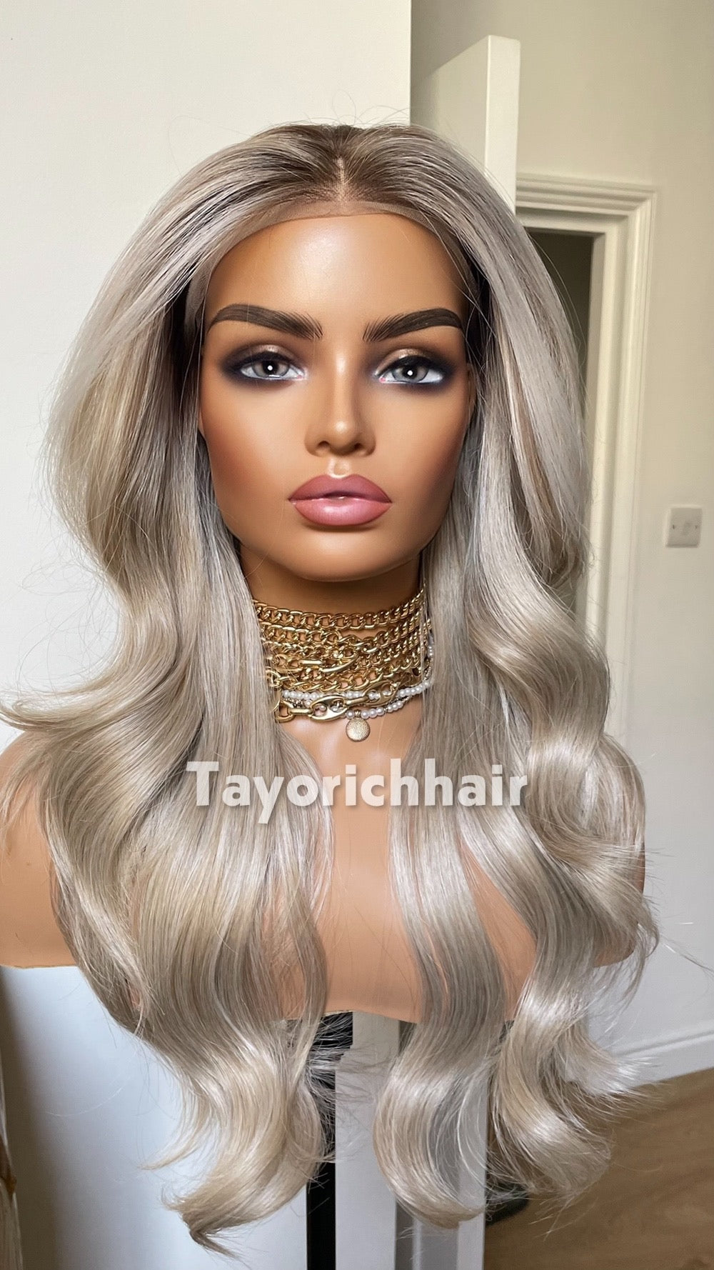 Ash Blonde Wig Lace Front Wig; Dark Roots, Highlights, Wavy Hair, Layered
