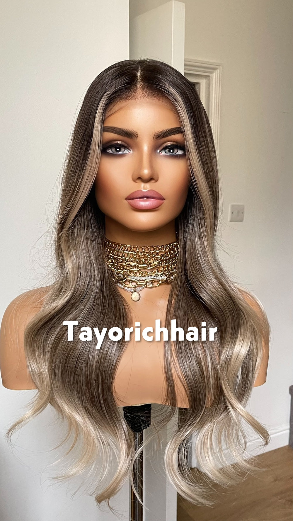 Tayorichhair 20" Dark Ash Blonde Wavy Synthetic Wig – 13x4 Transparent Lace, Glueless Money Piece Highlights (150% Density)