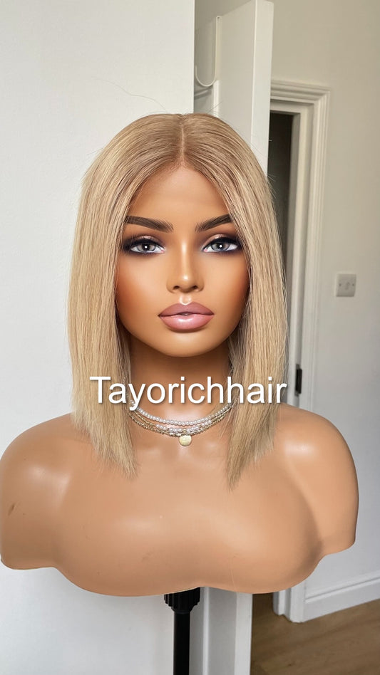 Bob Real Hair Wig/ Ash Blonde Front  Top Wig With Dark Brown Roots/ European Hair Wig