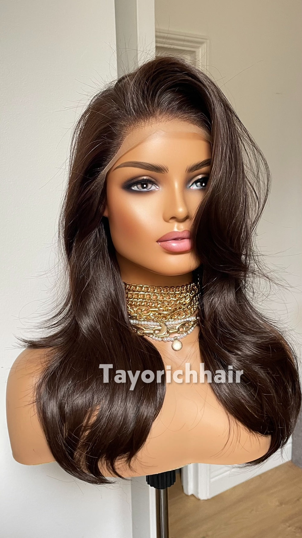 Dark Brown Heat Safe Synthetic Lace Front Wig | 16” Layered Bouncy Wave Wig | 13x6 Transparent Lace | Glueless | Tayorichhair