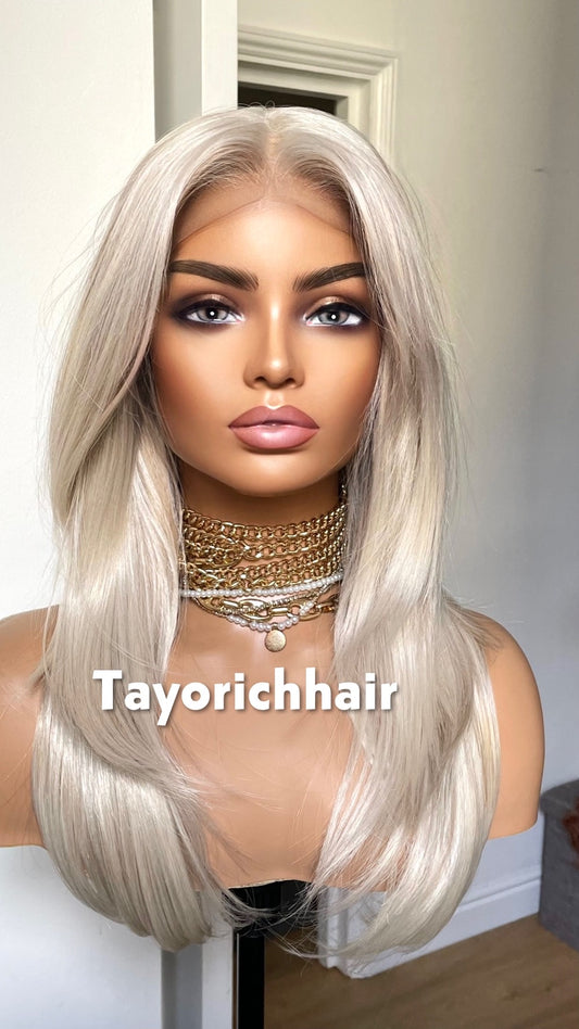 Tayorichhair Premium 16" Heat-Safe Synthetic Hair Wig – Platinum Blonde with Mild Lowlights, Pre-Plucked 13x6 Deep Lace Front (Free Parting)