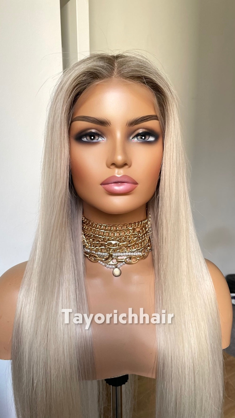 TayoRichHair 13x4 HD Lace Front Ash Platinum Blonde Straight Wig – 100% Human Hair (24 Inch, 200% Density, Dark Roots, Average Cap)