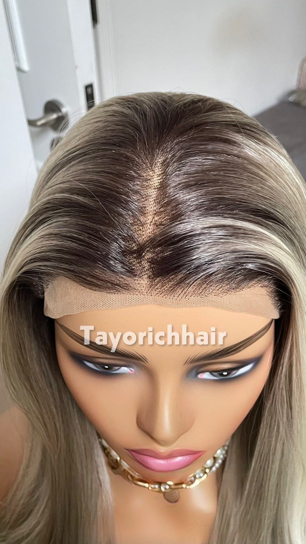 Dark Ash Blonde Synthetic Lace Front Wig with Black Roots & Money Piece Highlights – 18/20 Inch