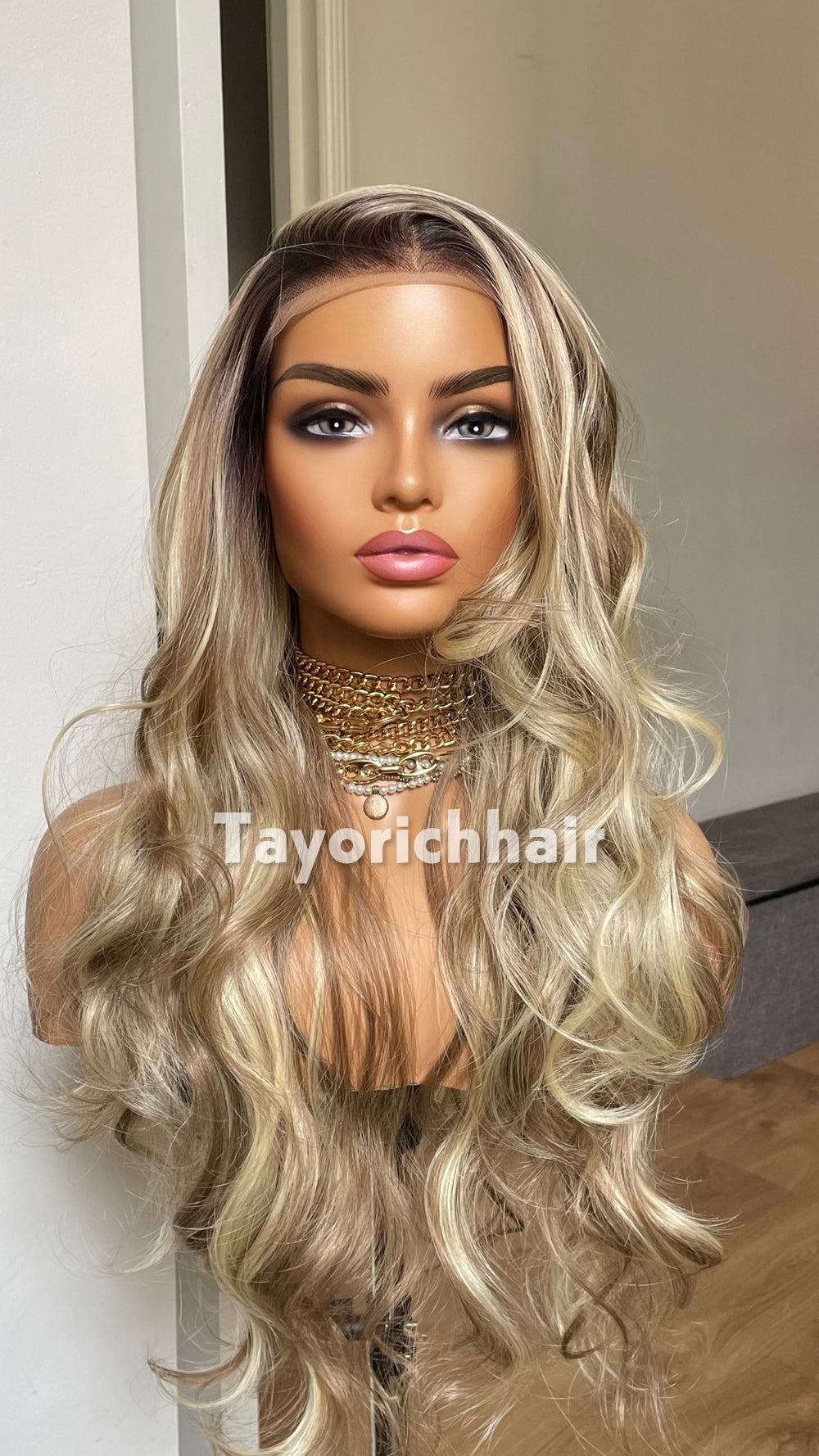 Mixed Blonde Synthetic Wig With Dark Root•Wavy Hair Lace Front Wig With 13x4 Lace•24 Inches Rooted Blonde Wig For Women•Middle Part Lace Wig