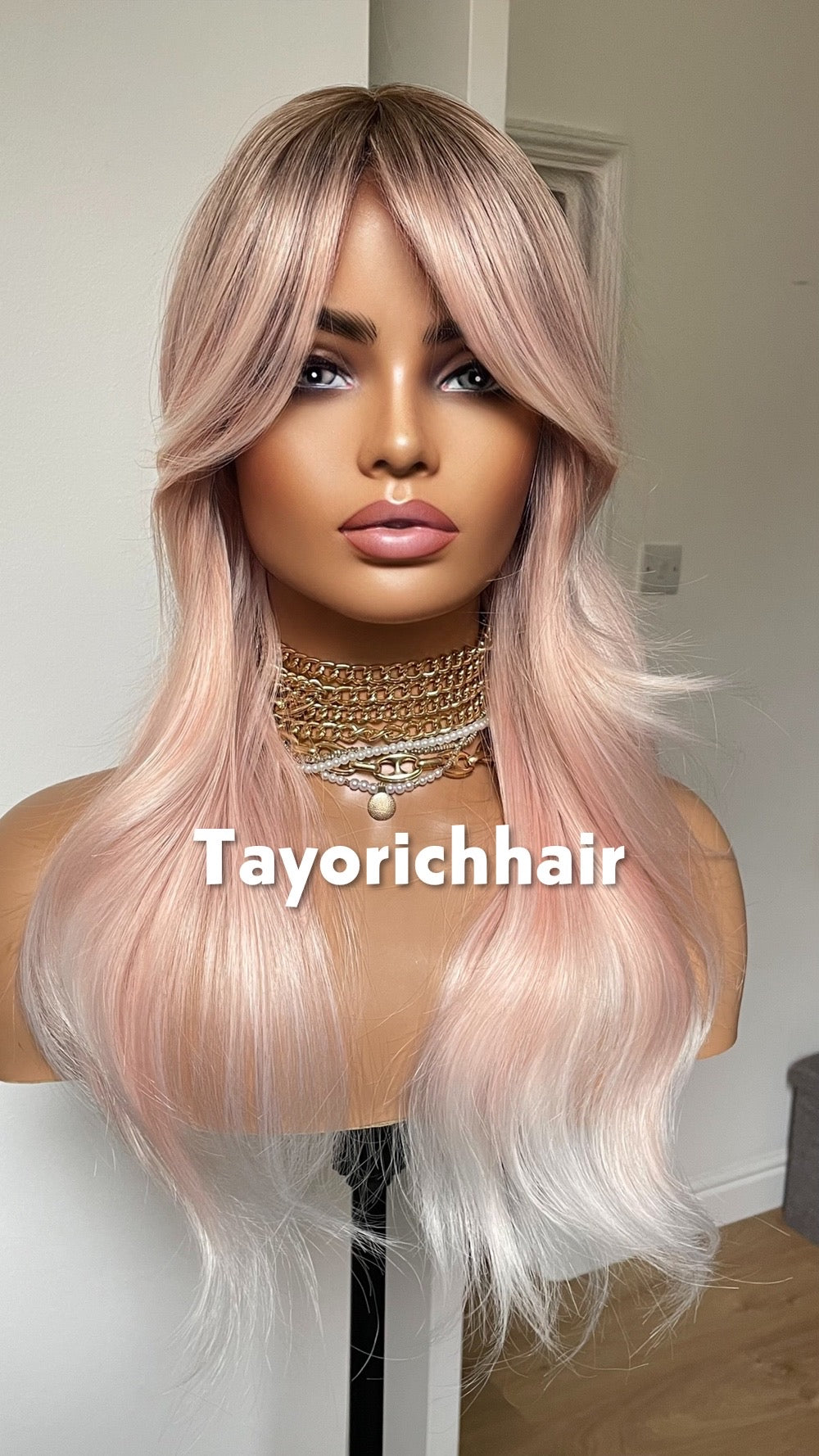 Baby Pink Wig with Dark Roots & Blonde Highlights | 18” Layered Wavy Heat-Safe Synthetic Wig | Bangs | Glueless | Tayorichhair