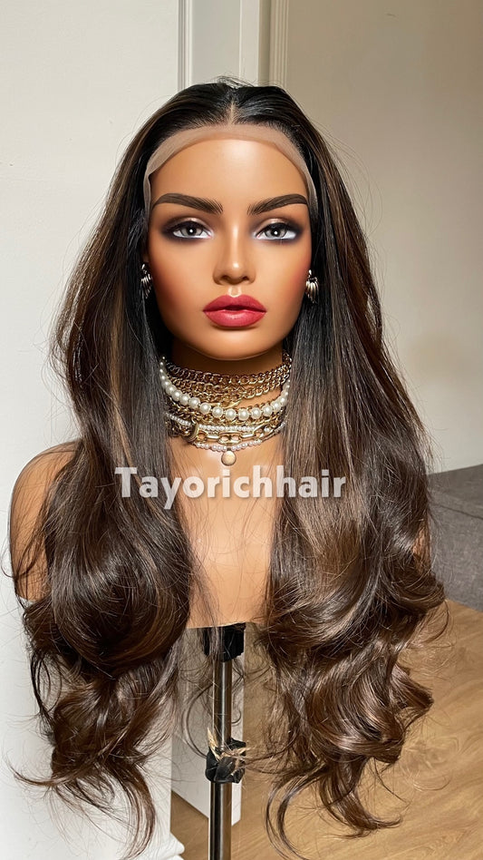 Dark Brown Highlighted Synthetic Lace Front Wig – 24 Inch, Glueless, Heat Safe