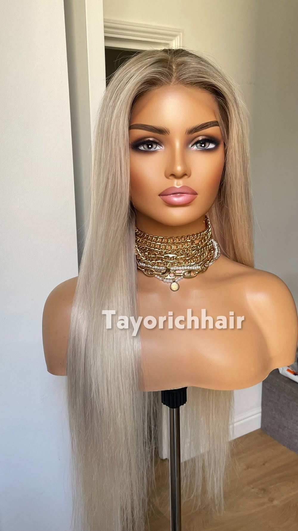TayoRichHair 13x4 HD Lace Front Ash Platinum Blonde Straight Wig – 100% Human Hair (24 Inch, 200% Density, Dark Roots, Average Cap)