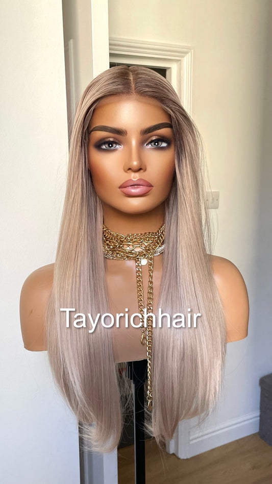 Pearl Blonde Straight Hair Lace Frontal Wig With Dark Roots/ 13 By 6 Lace Wig For Women/ 20 Inches Straight Wig By Tayorichhair